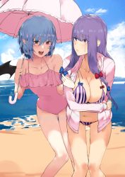Rule 34 | 2girls, asuzemu, bare shoulders, beach, bikini, blue hair, blue ribbon, blue sky, blunt bangs, breasts, cloud, collarbone, commentary request, day, flat chest, frilled swimsuit, frills, gluteal fold, hair ribbon, jacket, jacket over swimsuit, knees together feet apart, large breasts, long hair, looking at another, multiple girls, ocean, one-piece swimsuit, open mouth, outdoors, parasol, patchouli knowledge, pink jacket, pink one-piece swimsuit, pointy ears, purple eyes, purple hair, red eyes, red ribbon, remilia scarlet, ribbon, sand, short hair, sidelocks, sky, smile, standing, striped bikini, striped clothes, sunlight, swimsuit, thigh gap, touhou, umbrella, vertical-striped bikini, vertical-striped clothes