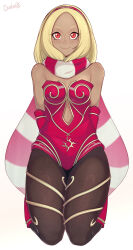 Rule 34 | 1girl, arms behind back, artist name, bare shoulders, blonde hair, breasts, christmas, closed mouth, darahan, dark-skinned female, dark skin, gravity daze, gravity daze 2, hairband, kitten (gravity daze), leotard, medium breasts, pantyhose, red eyes, scarf, seiza, sitting, smile, strapless, striped clothes, striped scarf