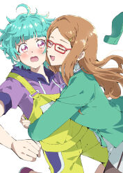 2girls :d absurdres ahoge akai_meganee blue_hair blunt_bangs blush brown_hair closed_eyes commentary_request glasses green_jacket hair_ornament hairpin highres hood hood_down hoodie hug jacket long_hair long_sleeves looking_at_viewer messy_hair multiple_girls omega_auru open_mouth overalls pink_eyes pretty_series purple_hoodie red-framed_eyewear short_hair simple_background smile standing surprised tsujii_luki waccha_primagi! white_background yellow_overalls