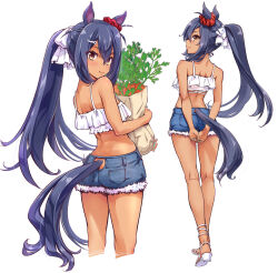 Rule 34 | 1girl, alternate costume, alternate hairstyle, animal ears, arms behind back, bag, bare shoulders, black hair, breasts, brown bag, carrot, closed mouth, clothing cutout, commentary request, denim, denim shorts, ear ornament, food, frills, full body, hair between eyes, hair ornament, hairclip, highres, hishi amazon (umamusume), holding, holding bag, horse ears, horse girl, horse tail, long hair, looking back, medium breasts, paper bag, ponytail, red eyes, sandals, shorts, shoulder blades, solo, suzuki24, tail, tail through clothes, tank top, umamusume, very long hair, white footwear, white tank top