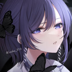 Rule 34 | 1girl, asahina mafuyu, bug, butterfly, earrings, half updo, highres, insect, jewelry, looking at viewer, lushuao, medium hair, parted lips, portrait, project sekai, purple eyes, solo