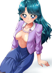 Rule 34 | 1girl, absurdres, bad id, bad pixiv id, blue eyes, blush, breasts, go! princess precure, green hair, highres, jewelry, kaidou minami, long hair, navel, necklace, no bra, open clothes, open shirt, pearl necklace, precure, sharumon, shirt, sitting, skirt, smile, solo
