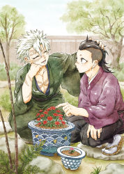 Rule 34 | 2boys, black hair, black pants, closed eyes, day, facing another, fence, flipped hair, flower, garden, green kimono, hand on another&#039;s head, hand on own thigh, hand up, happy, head rest, headpat, highres, hip vent, japanese clothes, kimetsu no yaiba, kimono, long sleeves, looking at another, medium hair, mohawk, multiple boys, outdoors, outstretched arm, pants, pectoral cleavage, pectorals, plant, pointing, potted plant, red flower, sandals, sash, scar, scar on arm, scar on chest, scar on face, scar on forehead, scar on nose, shinazugawa genya, shinazugawa sanemi, short hair, smile, squatting, tabi, tree, white hair, white legwear, wide sleeves, wooden fence, youraku, zouri