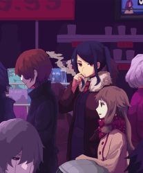 Rule 34 | 2girls, android, artist request, brown hair, cigarette, crowd, fur collar, gabrielle (va-11 hall-a), highres, jacket, jill stingray, looking at viewer, multiple girls, necktie, purple hair, red hair, smoking, television, va-11 hall-a