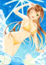 Rule 34 | 1girl, absurdres, arm up, artist name, bikini, blue sky, breasts, brown hair, cloud, cloudy sky, commentary, day, dutch angle, green eyes, halterneck, highres, lens flare, long hair, looking at viewer, marker (medium), medium breasts, navel, one eye closed, open mouth, original, osumi izumi, outdoors, side-tie bikini bottom, signature, sky, smile, solo, standing, sunlight, swimsuit, traditional media, wading, water, yellow bikini