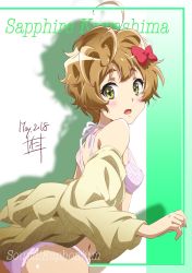 Rule 34 | 1girl, ahoge, blush, bow, bra, brown eyes, brown hair, character name, copyright name, dated, from side, hair bow, hair ornament, hibike! euphonium, highres, kawashima sapphire, looking back, nii manabu, open mouth, panties, short hair, solo, thick eyebrows, underwear