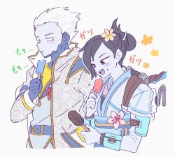 Rule 34 | 1boy, 1girl, animification, apex legends, black hair, blue eyes, blue kimono, blue shirt, blue skin, colored skin, crumbs, crypto (apex legends), food, food on face, frozen blossom valkyrie, grey jacket, hack frost crypto, hair behind ear, hair slicked back, highres, holding, holding food, holding popsicle, jacket, japanese clothes, kimono, looking down, looking to the side, nojima minami, obi, popsicle, sash, shirt, smile, valkyrie (apex legends), white background, white hair