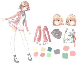 Rule 34 | 1girl, bag, blonde hair, bow, character name, character sheet, closed mouth, color guide, commentary, cropped shoulders, dress, english commentary, footwear ribbon, full body, green bow, green eyes, green ribbon, grey footwear, grey scarf, grin, hair bow, highres, jacket, jewelry, kouri (ibubobubo), light blush, long sleeves, looking at viewer, multiple views, necklace, open clothes, open jacket, original, outline, pink jacket, pink sleeves, pleated skirt, ribbon, scarf, shoes, short dress, short hair, shoulder bag, skirt, sleeveless, sleeveless dress, smile, sundress, sweater jacket, thighhighs, transparent background, watermark, white bag, white dress, white outline, white thighhighs