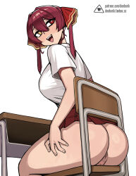 Rule 34 | 1girl, :d, anus, ass, back, breasts, censored, chair, desk, donburi (donburikazoku), heterochromia, highres, hololive, houshou marine, large breasts, long hair, mosaic censoring, no panties, open mouth, pleated skirt, red eyes, red hair, school chair, school desk, school uniform, sitting, skirt, smile, solo, teeth, twintails, virtual youtuber, yellow eyes