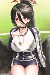 Rule 34 | 1girl, absurdres, black hair, black wings, blue archive, blush, breasts, cleavage, feathered wings, gym shirt, gym shorts, gym uniform, hair between eyes, halo, hasumi (blue archive), hasumi (track) (blue archive), highres, large breasts, large wings, looking at viewer, low wings, mole, mole under eye, ponytail, red eyes, see-through, shira jun, shirt, shorts, underwear, wet, wet clothes, whistle, whistle around neck, wings