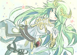 Rule 34 | 1girl, bad id, bad pixiv id, butano (star-dust boxxx), green eyes, green hair, jewelry, kid icarus, kid icarus uprising, long hair, lots of jewelry, matching hair/eyes, necklace, nintendo, palutena, sekaiisan, sketch, smile, solo, thighhighs, tiara, very long hair