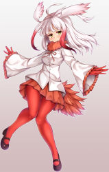 Rule 34 | 10s, 1girl, black footwear, closed mouth, frilled sleeves, frills, full body, gloves, gradient background, head wings, highres, japanese crested ibis (kemono friends), kemono friends, knees together feet apart, kuragari, long hair, long sleeves, looking away, mary janes, multicolored hair, orange skirt, pantyhose, pleated skirt, red gloves, red hair, red pantyhose, shirt, shoes, skirt, solo, tail, two-tone hair, white hair, white shirt, wings, yellow eyes