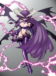 Rule 34 | 1girl, boots, breasts, choker, cleavage, electricity, groin, hime cut, horns, jewelry, large breasts, lightning, long hair, midriff, original, pendant, pointy ears, purple footwear, purple hair, red eyes, ruuen rouga, solo, thighhighs, very long hair, wings