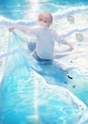 Rule 34 | 1boy, absurdres, beach, black pants, brown eyes, canarinu, choker, choppy bangs, closed mouth, clothes lift, hair between eyes, highres, lens flare, liquid clothes, long sleeves, looking at viewer, looking back, male focus, needle, ocean, orb, original, pants, partially submerged, pink hair, scissors, short hair, sitting, smile, solo, spool, sunlight, sweater, tassel, white choker, white sweater