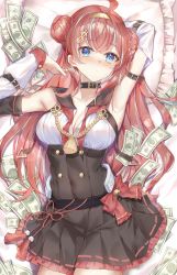 Rule 34 | 1girl, absurdres, ahoge, arm behind head, arm up, banknote, black choker, black sailor collar, black skirt, blue eyes, blush, breasts, choker, cleavage, commentary, commission, copyright request, cowboy shot, detached sleeves, dollar bill, dollar sign, double bun, hair bun, hair ornament, hairband, hand up, high-waist skirt, highres, large breasts, lims (neko2lims), long sleeves, looking at viewer, lying, money, neckerchief, on back, on bed, pillow, red hair, red neckerchief, sailor collar, shirt, skirt, solo, undone neckerchief, virtual youtuber, white shirt