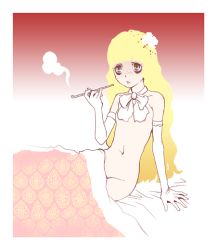 Rule 34 | blonde hair, elbow gloves, flat chest, freckles, gloves, holding, holding smoking pipe, kiseru, long hair, smoking, smoking pipe, solo, tamaoki benkyou