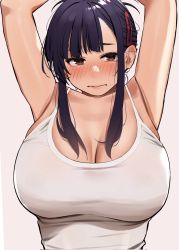 Rule 34 | 1girl, armpits, arms up, blush, breasts, brown eyes, cleavage, closed mouth, corrupted twitter file, elder cousin (igarashi kyouhei), hair ornament, hairclip, highres, igarashi kyouhei, large breasts, lips, looking at viewer, original, pink background, purple hair, shirt, simple background, sleeveless, solo, upper body, white shirt