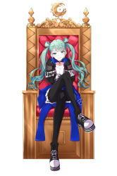 Rule 34 | 1girl, absurdres, aqua eyes, aqua hair, black footwear, black hoodie, black thighhighs, commentary, crossed arms, crossed legs, full body, hair rings, half-closed eyes, hatsune miku, highres, hood, hoodie, itogari, knee up, long hair, looking at viewer, official alternate costume, open clothes, open hoodie, project sekai, shoes, sidelocks, simple background, sitting, sneakers, solo, straight-on, swept bangs, thighhighs, throne, tsurime, twintails, unzipped, vivid bad squad miku, vocaloid, wavy hair, white background