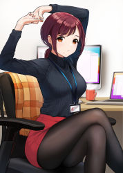 Rule 34 | 1girl, arms up, black pantyhose, black sweater, blanket, blush, breasts, chair, closed mouth, coffee mug, computer, crossed legs, cup, desk, doushimasho, earrings, feet out of frame, highres, id card, indoors, jewelry, laptop, long hair, long sleeves, looking at viewer, low ponytail, medium breasts, miniskirt, mole, mole under mouth, monitor, mug, office chair, office lady, orange eyes, original, own hands together, pantyhose, pencil skirt, purple hair, red skirt, skirt, solo, steam, stretching, stud earrings, sweater, swept bangs, swivel chair, thighs