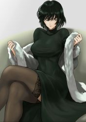 Rule 34 | 1girl, :o, anagumasan, breasts, crossed legs, fubuki (one-punch man), fur trim, gradient background, green eyes, green hair, highres, large breasts, looking to the side, one-punch man, short hair, sitting, solo, thighhighs