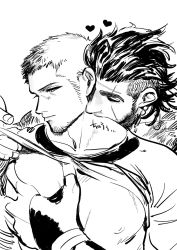 Rule 34 | 2boys, bara, bare pectorals, beard, clothes lift, cor leonis, couple, facial hair, final fantasy, final fantasy xv, gladiolus amicitia, grabbing, greyscale, groping, hair slicked back, in higashiyama, kiss, kissing neck, large pectorals, lifting another&#039;s clothes, long sideburns, male focus, mature male, medium hair, monochrome, multiple boys, muscular, muscular male, pectoral grab, pectorals, reach-around, scar, scar across eye, scar on face, shirt lift, short hair, sideburns, stubble, undercut, upper body, white background, yaoi
