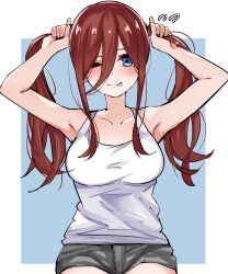 Rule 34 | 1girl, ;p, alternate costume, alternate hairstyle, arms up, black shorts, blue eyes, blush, border, breasts, brown hair, bunching hair, casual, closed mouth, collarbone, commentary, cowboy shot, double-parted bangs, eyebrows hidden by hair, flying sweatdrops, go-toubun no hanayome, hair between eyes, highres, large breasts, light blue background, long hair, long hair between eyes, looking at viewer, mame1645, nakano miku, one eye closed, shirt, shorts, simple background, sleeveless, sleeveless shirt, smile, solo, standing, straight-on, tongue, tongue out, twintails, white border, white shirt