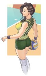 Rule 34 | 1girl, alternate costume, asymmetrical hair, bad id, bad twitter id, ball, bare shoulders, black hair, breasts, brown eyes, closed mouth, commentary request, cornrows, electricity, feet out of frame, from behind, from side, green shirt, green shorts, holding, holding ball, kneehighs, laura matsuda, long hair, medium breasts, noppo (tarstation), pantylines, playing sports, shirt, shorts, sleeveless, sleeveless shirt, smile, socks, solo, sportswear, standing, street fighter, street fighter v, volleyball, volleyball (object), volleyball uniform, wavy hair, white background, white socks, wristband