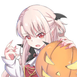 Rule 34 | 1girl, absurdres, black cape, cape, fang, fate/kaleid liner prisma illya, fate (series), fingernails, glowing, hair between eyes, halloween, hands up, highres, illyasviel von einzbern, jack-o&#039;-lantern, light brown hair, long fingernails, long hair, long sleeves, looking at viewer, nail polish, one side up, open mouth, pink nails, red eyes, sharp fingernails, shirt, simple background, sleeves past wrists, solo, upper body, white background, white shirt, wing hair ornament, zongren