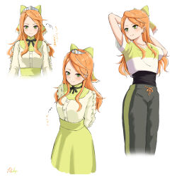 Rule 34 | 1girl, absurdres, arms behind back, arms behind head, black pants, black ribbon, bow, crop top, cropped legs, etie (fire emblem), fire emblem, fire emblem engage, green eyes, green pants, green shirt, green skirt, hair bow, high-waist skirt, highres, long hair, long sleeves, looking at viewer, looking to the side, multiple views, neck ribbon, nintendo, orange hair, pants, ribbon, ricky (haye4843), shirt, sidelocks, signature, simple background, skirt, standing, striped clothes, striped pants, t-shirt, tiara, track pants, translation request, upper body, white background, white shirt