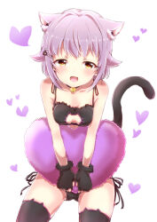 Rule 34 | 1girl, animal ear fluff, animal ears, bare shoulders, bell, black gloves, black thighhighs, blush, breasts, brown eyes, cat cutout, cat ears, cat lingerie, cat tail, cleavage cutout, clothing cutout, collarbone, cushion, dot nose, fake animal ears, fake tail, fang, fingerless gloves, gloves, hair flaps, hair intakes, hair ornament, hairclip, heart, holding cushion, idolmaster, idolmaster cinderella girls, idolmaster cinderella girls starlight stage, jingle bell, koshimizu sachiko, looking at viewer, meme attire, neck bell, numahito, open mouth, purple hair, short hair, sitting, skin fang, small breasts, smile, solo, tail, thighhighs, white background