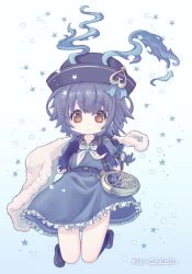 Rule 34 | 1girl, alice (sinoalice), backpack, bag, blanket, blue gloves, blue hair, chain, child, dress, elbow gloves, gloves, hat, hat ribbon, highres, jumping, charm (object), looking at viewer, open mouth, parted lips, pocket watch, racal ra, randoseru, red eyes, ribbon, school uniform, short hair, simple background, sinoalice, solo, star (symbol), watch