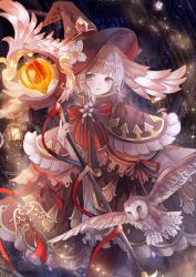 Rule 34 | 1girl, :d, animal, bad id, bad pixiv id, bird, blunt bangs, blush, boots, brown eyes, brown footwear, building, cape, capelet, dark, eyelashes, feathered wings, flower, frills, gem, hat, hat flower, head wings, holding, holding staff, lamp, lamppost, leaf, light brown hair, long sleeves, looking at viewer, neck ribbon, night, open mouth, original, oro ponzu, outdoors, owl, post, red ribbon, ribbon, short hair, smile, staff, tareme, tassel, walking, white flower, wings, witch hat