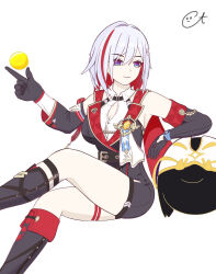 Rule 34 | 1girl, absurdres, angdyuangdyu, bare shoulders, belt, black belt, black footwear, black gloves, blue eyes, boots, breasts, cleavage, colored inner hair, commentary request, elbow gloves, feet out of frame, gloves, highres, honkai: star rail, honkai (series), large breasts, multicolored hair, numby (honkai: star rail), red hair, short hair, simple background, sitting, solo, streaked hair, thighs, topaz (honkai: star rail), trotter (honkai: star rail), white background, white hair