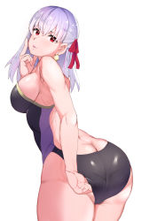 Rule 34 | 1girl, ass, bad id, bad pixiv id, breasts, butt crack, earrings, fate/grand order, fate (series), hair between eyes, jewelry, kama (fate), large breasts, long hair, looking at viewer, purple hair, red eyes, red ribbon, ribbon, sideboob, sikijou77o, simple background, solo