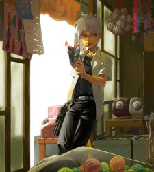 Rule 34 | 1boy, akagi: yami ni oritatta tensai, akagi shigeru, belt, black pants, candy, candy store, candy wrapper, closed mouth, collared shirt, commentary request, feet out of frame, food, food in mouth, fukumoto mahjong, garland (decoration), grey belt, grey shirt, indoors, lollipop, looking afar, looking to the side, male focus, open mouth, pants, popsicle, popsicle in mouth, popsicle stick, red eyes, shirt, shop, short bangs, short hair, short sleeves, smile, solo, standing, white hair, yukihiko