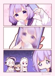Rule 34 | 3koma, 4girls, arm up, azur lane, bad id, bad pixiv id, belfast (azur lane), beret, black headwear, black scrunchie, blurry, blush, breasts, brown hair, cardigan, cellphone, cleavage, closed eyes, closed mouth, comic, commentary request, covered mouth, elbow gloves, gloves, hair ornament, hair scrunchie, hat, holding, holding phone, illustrious (azur lane), large breasts, long hair, long sleeves, maeha, maid, maid headdress, multiple girls, open mouth, phone, purple eyes, purple hair, scrunchie, selfie, silent comic, sleeves past fingers, sleeves past wrists, sun hat, taking picture, tears, trembling, unicorn (long-awaited date) (azur lane), unicorn (azur lane), white cardigan, white gloves, white hair, white headwear, x hair ornament, z23 (azur lane)