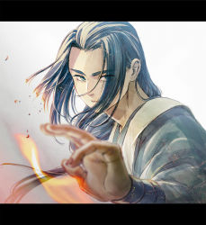 Rule 34 | 1boy, eyes visible through hair, fire, hand up, highres, letterboxed, long hair, low-tied long hair, micho, simple background, solo, sparks, luo xiaohei zhanji, white background, wuxian (the legend of luoxiaohei)