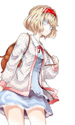 Rule 34 | 1girl, alice margatroid, alternate costume, backpack, bag, blonde hair, blue eyes, contemporary, from below, hairband, jacket, kozou (soumuden), long sleeves, open clothes, open jacket, shirt, short hair, simple background, skirt, solo, touhou, white background