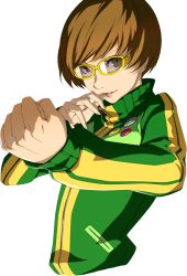 Rule 34 | 1girl, bad google+ id, bad id, brown eyes, brown hair, clenched hand, finger to mouth, glasses, looking at viewer, official art, persona, persona 4, persona 4 the golden, satonaka chie, short hair, soejima shigenori, solo, transparent background, upper body, white background