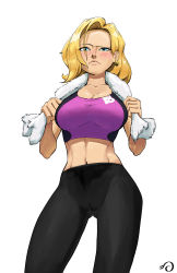 Rule 34 | 1girl, absurdres, android, android 18, artist logo, black pants, black sports bra, black tank top, blonde hair, blue eyes, bob cut, bra, breasts, cameltoe, cleavage, closed mouth, clothes writing, collarbone, cowboy shot, crop top, disappointed, dragon ball, dragonball z, ear piercing, earrings, exercising, forehead, high-waist pants, highres, holding, holding towel, hoop earrings, jewelry, large breasts, leggings, looking at viewer, midriff, navel, pants, piercing, pink ebi, purple sports bra, purple tank top, raised eyebrows, shiny skin, short hair, signature, simple background, single earring, skin tight, solo, spandex, sports bra, sportswear, stomach, sweat, tank top, tight clothes, tight pants, towel, towel around neck, two-tone sports bra, underwear, white background, yoga pants