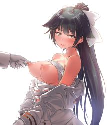 1girl azur_lane bare_shoulders black_hair blush bow breasts brown_eyes gloves grabbing_another&#039;s_breast groping hair_bow hair_ribbon highres large_areolae long_hair medium_breasts nipple_pull nipple_stimulation nipple_tweak nipples off_shoulder perky_breasts ponytail puffy_nipples ribbon sarashi shirota_mizuki solo_focus takao_(azur_lane) uniform very_long_hair