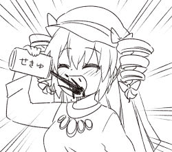 Rule 34 | 1girl, can, closed eyes, dress, drill hair, drinking, emphasis lines, hair ribbon, happy, hat, jeno, jewelry, keffiyeh, mob cap, monochrome, oil, open mouth, pendant, ribbon, short hair, solo, touhou, translated, twin drills, yorigami jo&#039;on