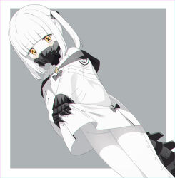 Rule 34 | 1girl, black mask, black tail, blue archive, blush, colored skin, dress, ein (blue archive), eko, feet out of frame, groin, highres, long sleeves, looking at viewer, mask, mechanical hands, medium hair, respirator, solo, symbol-shaped pupils, twintails, white dress, white hair, white skin, wide sleeves, x-shaped pupils, yellow eyes