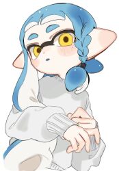 Rule 34 | 1girl, blue hair, braid, commentary request, highres, inkling, inkling girl, inkling player character, long hair, looking at viewer, nintendo, open mouth, pointy ears, sahata saba, simple background, single braid, sleeves past wrists, solo, splatoon (series), sweater, tentacle hair, thick eyebrows, white background, white sweater, yellow eyes