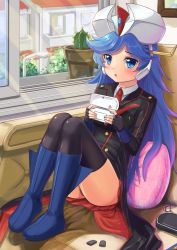 Rule 34 | 10s, 1girl, ass, black gloves, black thighhighs, blue eyes, blue footwear, blue hair, blush, boots, cactus, character request, fingerless gloves, game console, gloves, handheld game console, huanghyy, knee boots, long hair, long sleeves, looking at viewer, necktie, parted lips, red necktie, robot girls z, sitting, solo, thighhighs, window