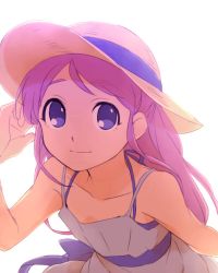 Rule 34 | 1girl, bare shoulders, closed mouth, copyright request, dress, hat, long hair, looking at viewer, one-hour drawing challenge, pink hair, purple eyes, sekina, simple background, smile, solo, straw hat, sundress, upper body, white background