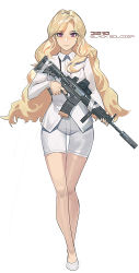 Rule 34 | 1girl, absurdres, assault rifle, black soldier, blonde hair, closed mouth, forehead, full body, gun, h&amp;k hk416, highres, holding, holding gun, holding weapon, jacket, long hair, long sleeves, looking at viewer, military, original, red eyes, rifle, shorts, simple background, smile, solo, standing, weapon, white background, white footwear, white jacket, white shorts
