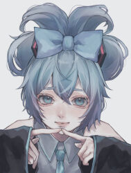 Rule 34 | 1girl, aqua bow, aqua eyes, aqua hair, aqua necktie, bare shoulders, bow, cinnamiku, closed mouth, commentary, detached sleeves, facing viewer, folded twintails, grey shirt, hair bow, hair up, hatsune miku, index fingers together, light smile, lips, long sleeves, necktie, official alternate hairstyle, shirt, simple background, solo, upper body, vocaloid, white background, yuhiyo