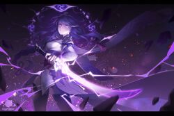 Rule 34 | 1girl, black border, black thighhighs, border, bridal gauntlets, clear water, floating hair, from side, genshin impact, highres, holding, holding sword, holding weapon, japanese clothes, kimono, lens flare, letterboxed, long hair, looking at viewer, parted lips, pink eyes, purple hair, raiden shogun, solo, standing, sword, thighhighs, very long hair, watermark, weapon, white kimono, zettai ryouiki