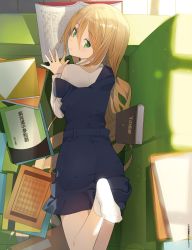 Rule 34 | 1girl, absurdly long hair, absurdres, akinashi yuu, ass, blonde hair, blue skirt, blue vest, book, collared shirt, couch, dengeki moeou, dress shirt, eyebrows, fingernails, from above, from behind, green eyes, hair between eyes, highres, long hair, looking at viewer, looking back, lying, on couch, on stomach, original, school uniform, shirt, skirt, sleeveless, socks, solo, strap slip, very long hair, vest, white shirt, white socks